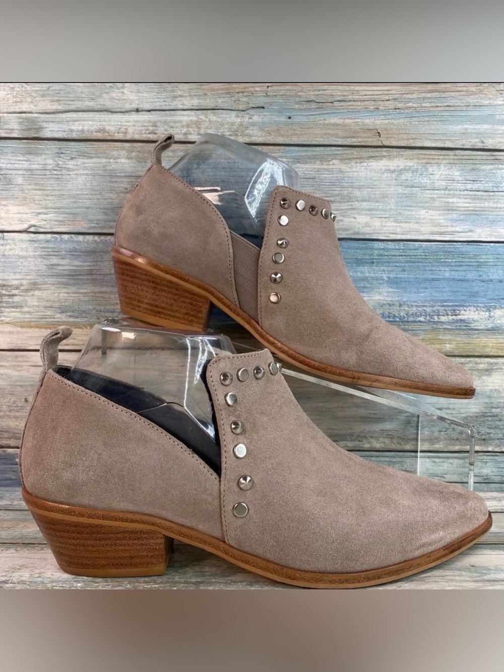 Rebecca Minkoff Womens Taupe Suede Slip On Ankle Boot Studs Pointed Toe Size 7.5